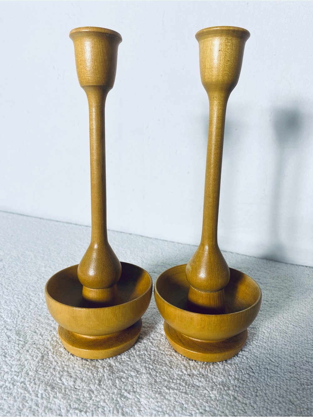 Vintage MCM Hand Turned Solid Wood Taper Candlestick Holders Minimalist Boho